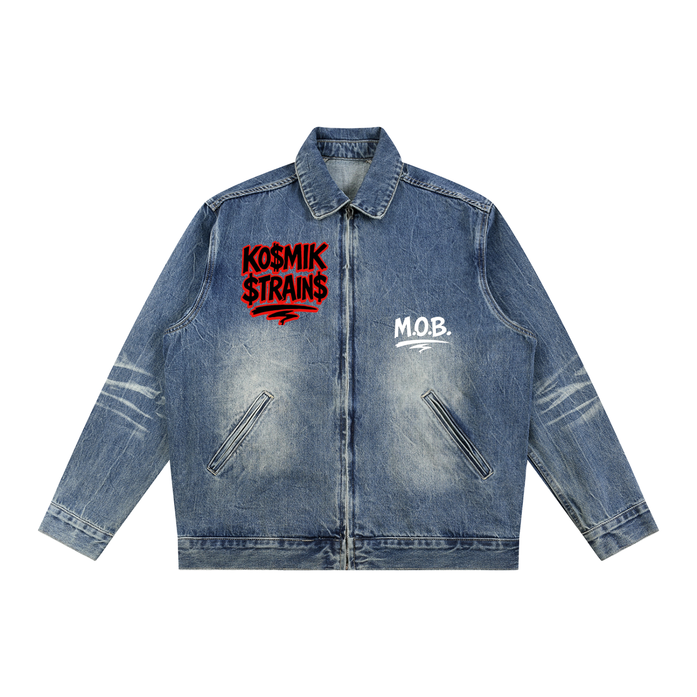 blue KO$MIK Vintage Wash Zip Up Denim Jacket